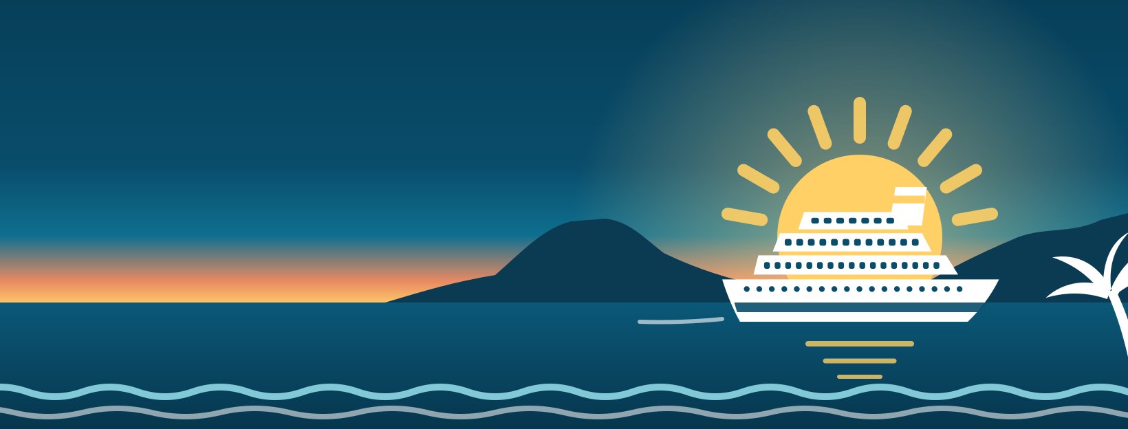 Illustration of a white cruise ship sailing past Diamond Head at sunset